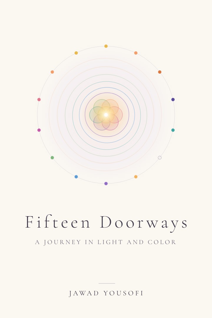 Fifteen Doorways book cover: a glowing point of light at the center of colorful rings, circled by fourteen small colored lights