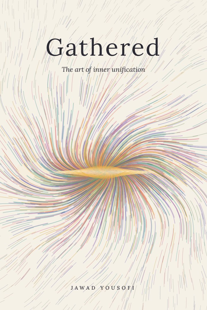 Gathered book cover: thousands of fine lines in many colors swirl inward and meet in one glowing golden seam