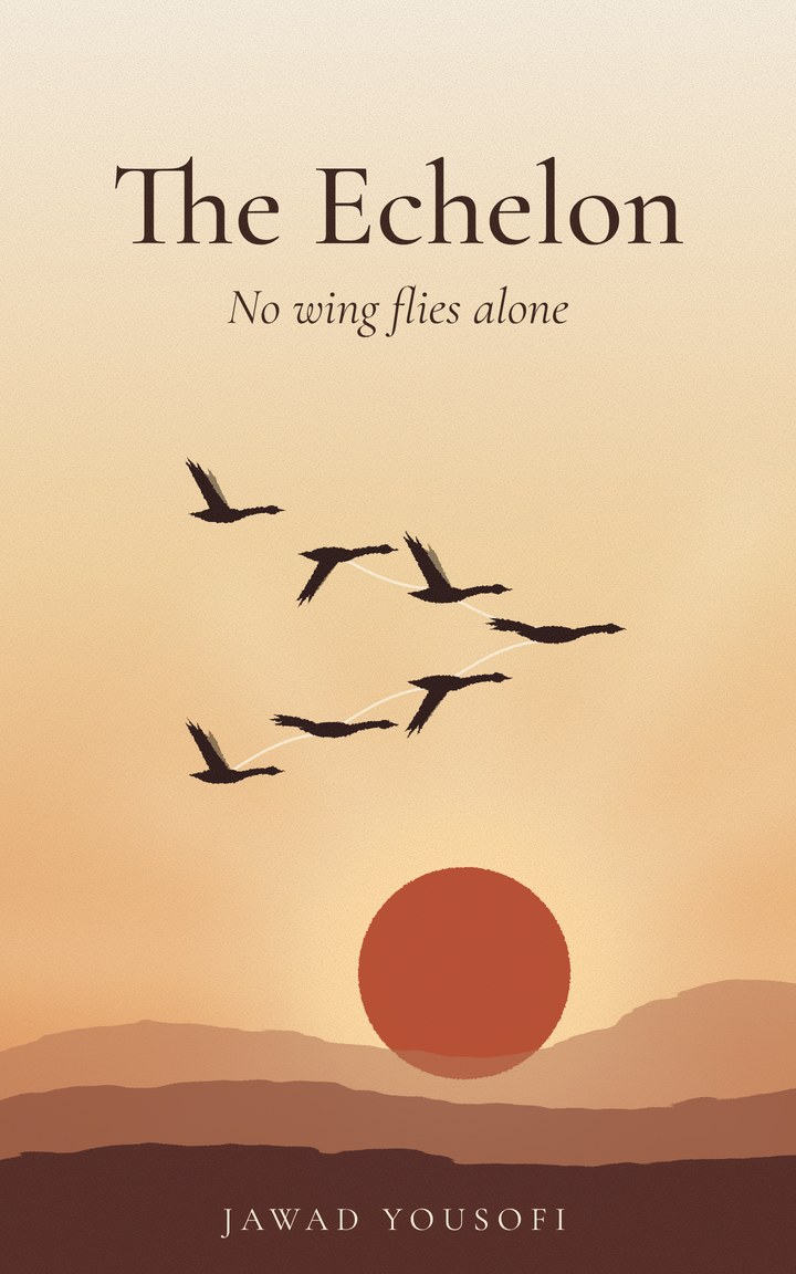 The Echelon book cover: a flock of geese in formation over golden hills and a glowing red sun
