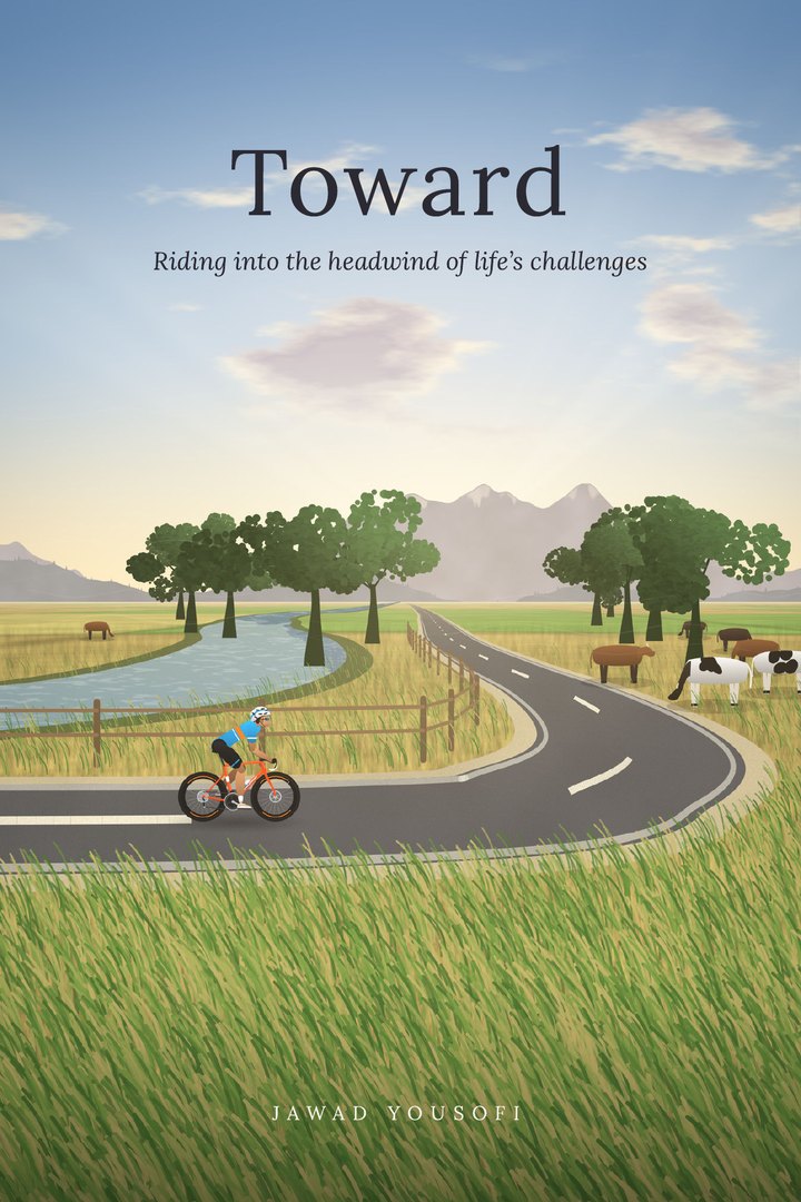 Toward book cover: a cyclist in a blue jersey on an orange bike rides a winding country road at sunrise, past a river, cows and tall summer grass